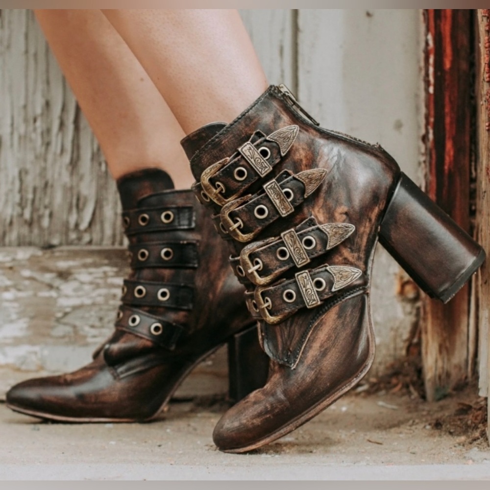 Freebird by Steven Distressed Brown Leather Buckle Ankle Boots